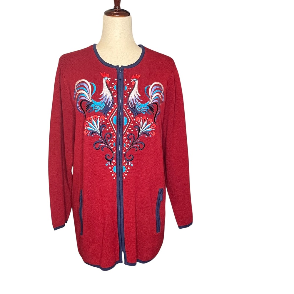 Bob Mackie Wearable Art Embroidered Rooster‎ Farmcore Zip Cardigan Jacket Sz Med